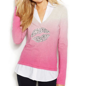 INC Pink Layered Look Lips Rhinestone Sweater
